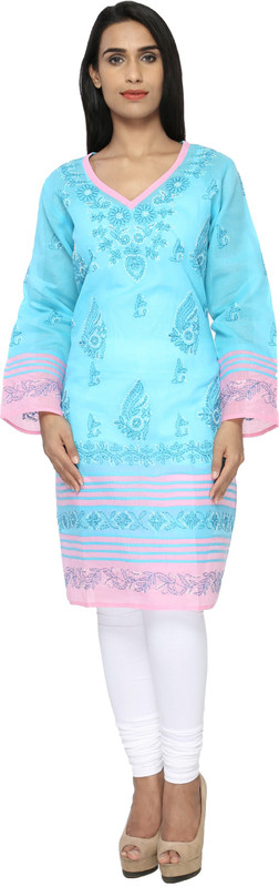 BDS Chikan Casual Chikan Embroidery Women Kurti(Blue)