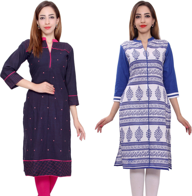 Stylum Casual Embroidered Women Kurti(Pack of 2, Dark Blue, White, Blue, Pink)