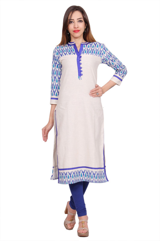 Stylum Casual Ikat Women Kurti(Blue, Beige)