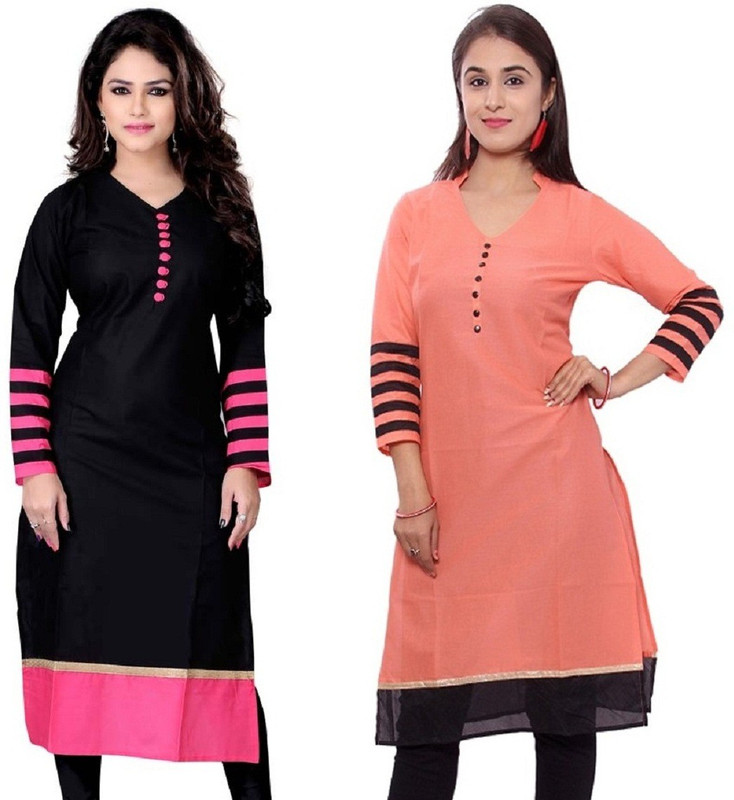 Stylum Casual Self Design Women Kurti(Pack of 2, Black, Pink)