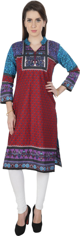 Global Fusion Casual Printed Women Kurti(Maroon)