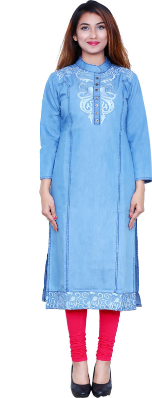 PINKY PARI Casual Embroidered Women Kurti(Blue)