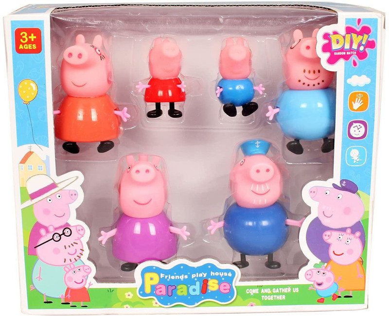 PEZYOX Papa Pig Family Set of 6 Best Gift for Kids - Pig, George, Daddy Pig, Mommy Pig, Granny Pig, Grandpa Pig, Soft Rubber face (Pig 6 PCS)