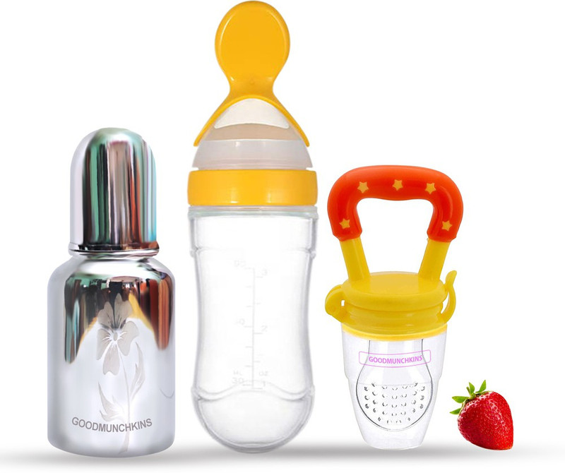Goodmunchkins Stainless Steel Feeding Bottle(150ml) Silicone Spoon Feeder (90ml) & Fruit Feeder for Babies -304 SS-No Joints-Anti Colic Silicon Nipple-Food Grade Silicon Feeder BPA Free Pack 3 - 150 ml(Yellow & Yellow)