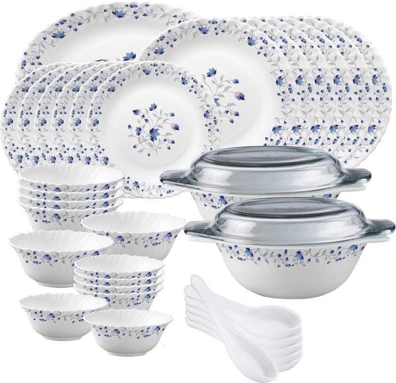 LAOPALA Pack of 35 Opalware Diva Classique MB Full plate 11"(6 pcs) || Quarter plate 7.5"(6 pcs) || Oval platter13"(1 Pcs) || Casserole with Glass Lid (2 Pcs) || Veg bowl (6 Pcs) || Soup Bowl (6 pcs) || Spoon (6 pcs) Dinner Set(Black, Microwave Safe)