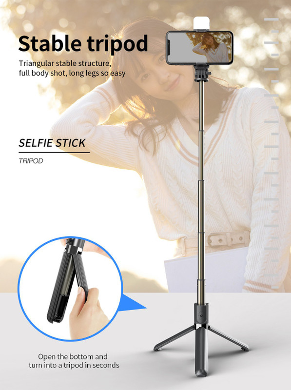 BUFONA BEST BUY HIGH QULITY BFNA-R1S New Bluetooth Selfie Stick Tripod With attached Beauty Fill Light +Dustproof Bag +Wireless Bluetooth Detachable Remote control, 360°Rotation, Selfie Stick And Stand R1S With Flash Light And Remote Control Selfie Stick Extendable Stick Mini Tripod With Detachable
