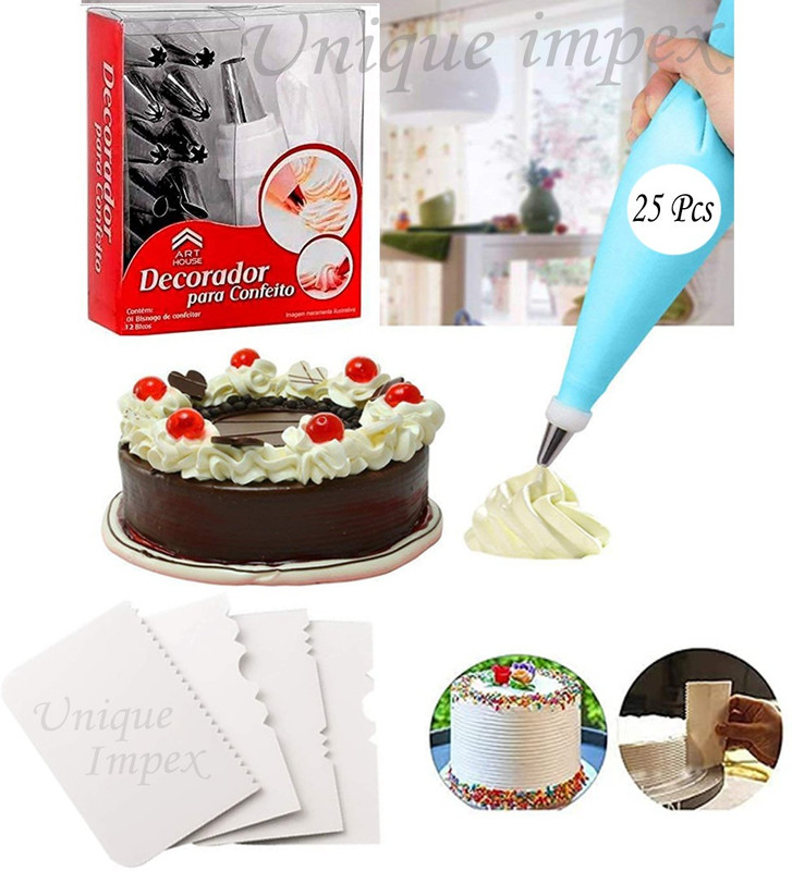 Unique Impex 25 Pcs Disposable Piping Bag 12 Piece Steel Nozzles Cake Decorating Set Frosting Icing Piping Bag Tips With 1 Washable & Reusable piping bag & coupler & 4 Pcs Multi-design Icing Scraper set Kitchen Tool Set(Silver, White, Baking Tools)