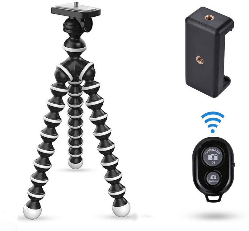 Ancestors 13 inch Flexible Gorillapod Tripod with Mobile Monopod Holder clip & Collar Mic,Selfie Remote for DSLR, Action Cameras, Gopro & Smartphones (COLLAR MIC 1.5 M | REMOTE |MOBILE HOLDER CLIP | GORILLA TRIPOD ) COMBO Tripod, Monopod(Black,White, Supports Up to 2500 g)