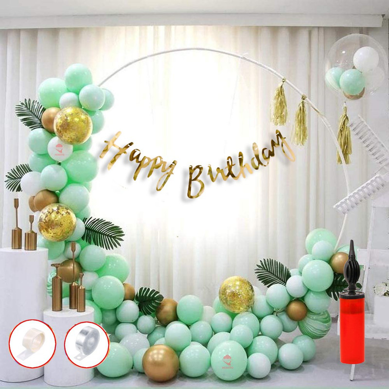 Hemito Happy Birthday Decoration Kit 62 pc Combo with Cursive Gold Birthday Banner 50 Pc Green White Pastel Balloon 5 Pc Gold Chrome Balloon 3 Pc Rose Gold Confetti Balloons with Balloon Pump Balloons Glue Dot Arc for Boys Girls Premium Birthday Decoration Kit(Set of 62)