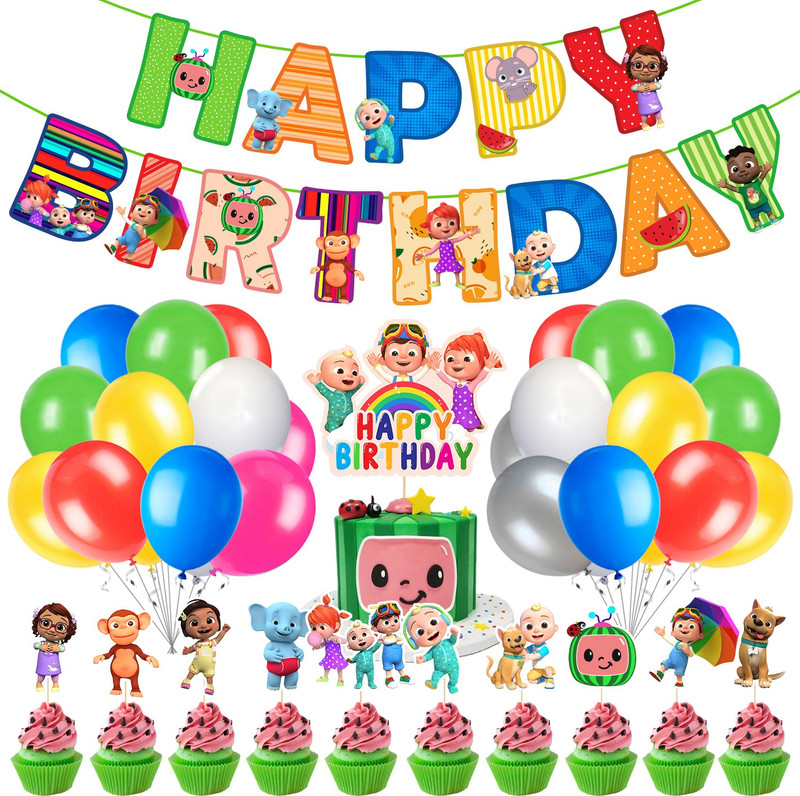 ZYOZI Cocomelon Birthday Party Supplies, Birthday Party Decorations Include Happy Birthday Banner, Cake topper, Cupcake toppers & Latex Balloons , Birthday Party Favor for Kids (Pack of 37)(Set of 37)