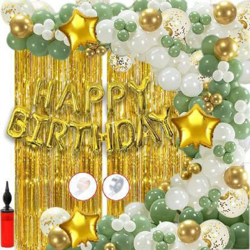 decokart 1 Gold Foil Happy Birthday Foil Balloons 60 Premium Gold White and Green Metallic Balloons 5 Gold Confetti Balloons 4 Gold Foil Stars ( 18 inch) 2 Pc Gold birthday fringe curtains with Pump Arch Dot for Kids boy Girl Adults 40th 50th 60th Theme Décor/Happy Birthday Decoration Items Set| bir