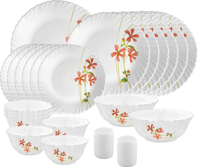 LAOPALA Pack of 23 Opalware DS {Dinner plate 10"(6 pcs) || Quarter plate 7.1"(6 pcs) || Round Rice plate 11"(1 pcs) || Serving bowl 850ml/ 6.5”(2 Pcs) || Veg bowl 175ml/4.3”(6 Pcs) || Salt & Pepper Pot 1.6"(2 pcs)} Dinner Set(Red, Microwave Safe)
