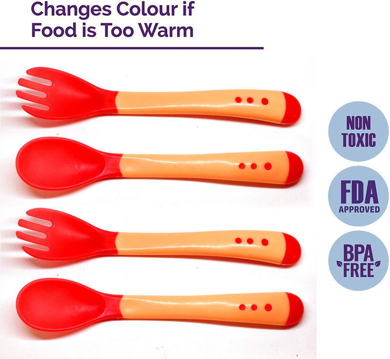 Miss & Chief by Flipkart Silicone Tip Heat Sensitive Silicone Spoons | Temperature Sensing Spoons | Spoon & Fork Set (Red, Pack of 4)  - Silicon(Red)