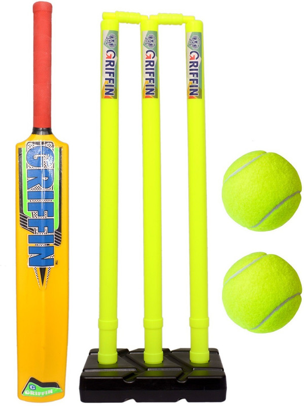 GRIFFIN Full Size Plastic Cricket Kit Adult Plastic Wicket Stumps Yellow Plastic Bat Cricket Kit