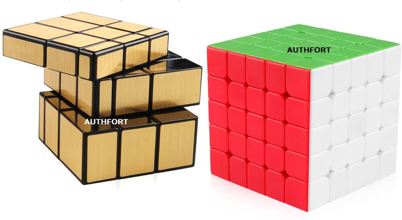 Authfort Gold Mirror Stickered & 5 x 5 High Speed Stickerless Cube combo pack of 2(2 Pieces)