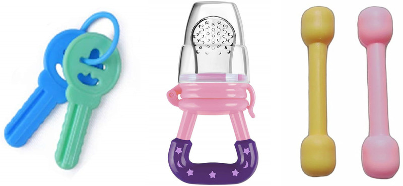Enorme Baby Silicone Feeding Fruit/ Food Nibbler with BPA Free Non Toxic Teether Sticks and Keys Teether and Feeder(Multicolor)