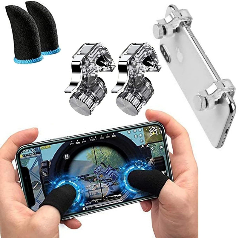 Viraan COMBO PACK OF (2 PAIR) FINGER SLEEVES (1 POUCH) WITH R11 Pubg Metal Triggers Gamepad Joystick L1 RI Shooting Aim Button Controller Compatible with All Smartphones  Gaming Accessory Kit(Silver Triggers, Black Finger Sleeves, Black Pouch, For Android, iOS)