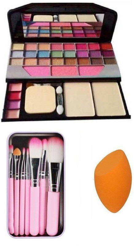 HINSHITSHU makeup kit + Beauty blender + pink makeup brush set with storage box