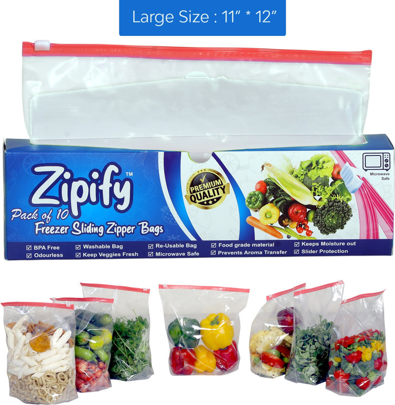Zipify Ziplock Zipper Reusable Pouch For Vegetable Food Cover Fridge (Large 11" X 12") Plastic Storage Pouch(Pack of 10)