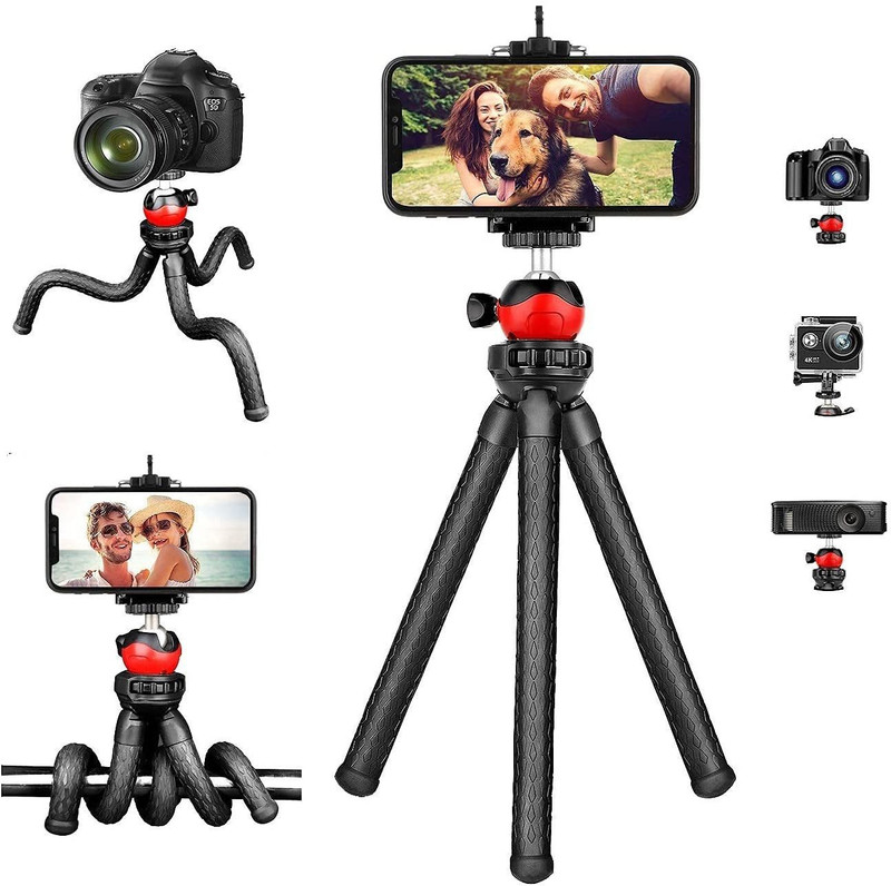 Ancestors Octopus Tripod 12" Inch Flexible Foldable Waterproof Extra Thick & Strong with Mobile Holder for All Smartphone, Action & DSLR Camera's Use of Photography, Video Recording Vloging YouTube ( SNAKE TRIPOD | CLIP ) Tripod(BLACK,RED, Supports Up to 1500 g)