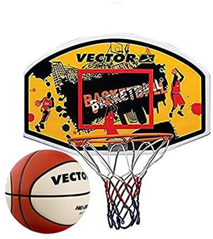 VECTOR X Wall Mounted Ring with Backboard Ring with Net & Ball Size 7 (29.5") 29 Basketball Backboard(Yellow)
