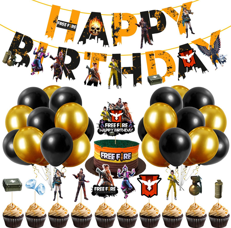 ZYOZI Free Fire Happy Birthday Decoration Kids,Free Fire Birthday Party Decoration Banner with Latex Balloons, Cake Topper and Cup Cake Topper for Boy Birthday 1st 2nd 3rd 16th 18th 21st (Pack of 37)(Set of 37)