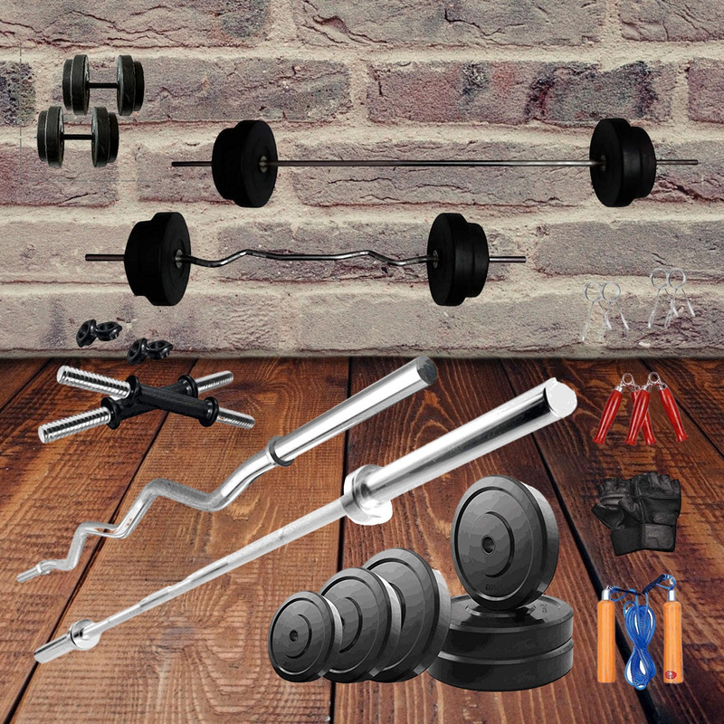YMD 30 kg Rubber Plate [2.5Kgx4, 5Kgx4] One 4ft Curl and 5ft Straight 28mm Rod, 2 Dumbbell Rod, 1 Hand Grip, 1 Skipping Rope, 1 Glove Set, 4 lock Home Gym Combo