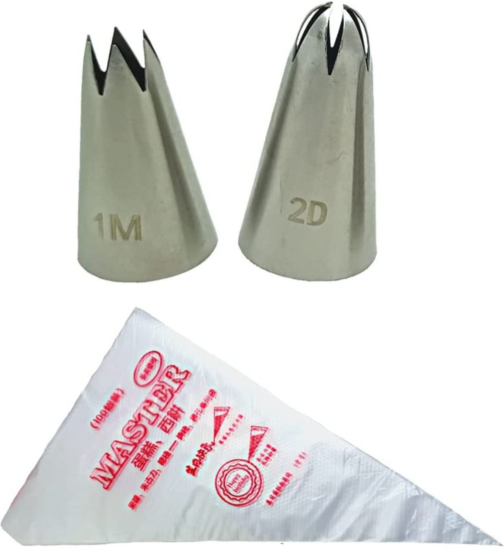 Bakedude 1M + 2D Flower Frosting Icing Stainless Steel Nozzles with 25 Piping Icing Bag for Cake, Muffin, Brownie Decoration Kitchen Tool Set of 27 Stainless Steel Quick Flower Icing Nozzle(Silver, White, Red Pack of 27)