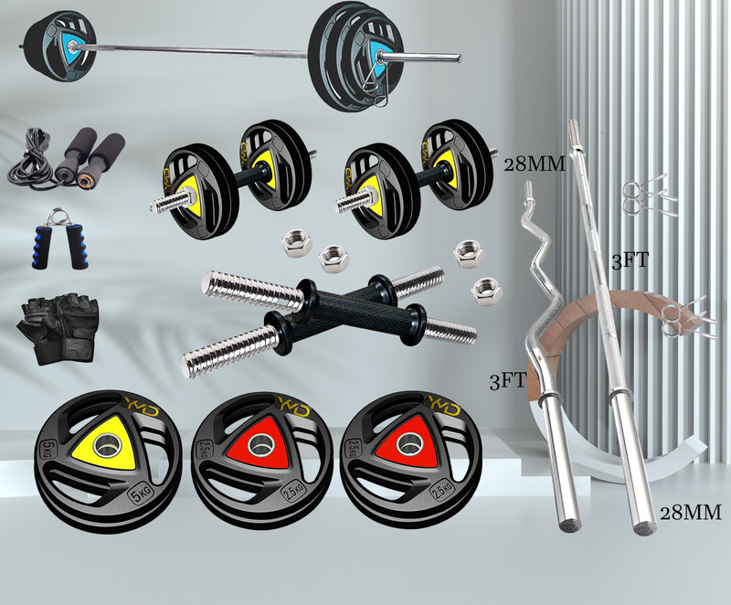 YMD 30 kg Metal Integrated Rubber Plates (2.5kgx4) + (5kgx4) + 3ft curl & Straight 28mm Rod + 2 Dumbbell Rod, 1 Glove Set, 1 HandGrip, 1 Skipping Rope,1 GYM Bag, Home Gym Combo