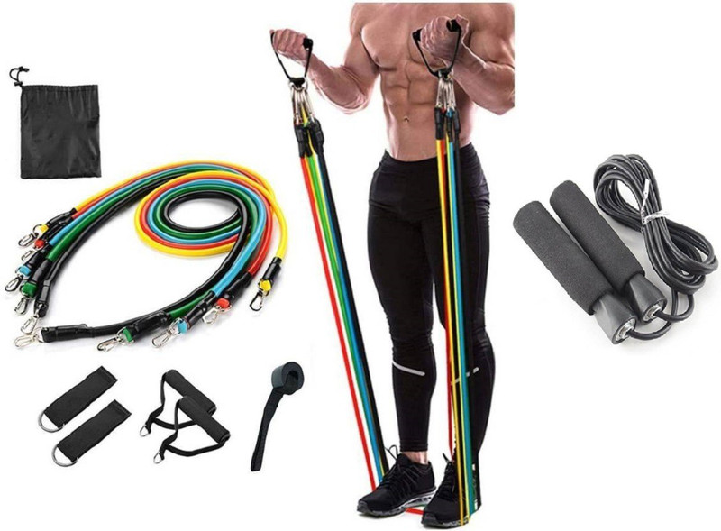 ALORNOR Power Resistance Band Set (11 pcs) II Resistance Bands for Workout for Men & Women Resistance Tube (Multicolor) & Jumping Skipping Rope for Gym Training, Exercise and Workout man , women Ball Bearing Skipping Rope Fitness Accessory Kit Kit
