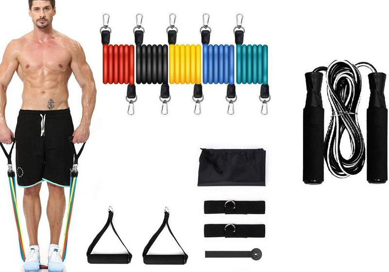 ALORNOR Resistance Bands Set (11pcs), Stretching,Therapy,Home Workout Toning Tube Kit Resistance Tube (Multicolor) & Jumping Skippin Rope For Fitness Freestyle Skipping Rope Fitness Accessory Kit Kit