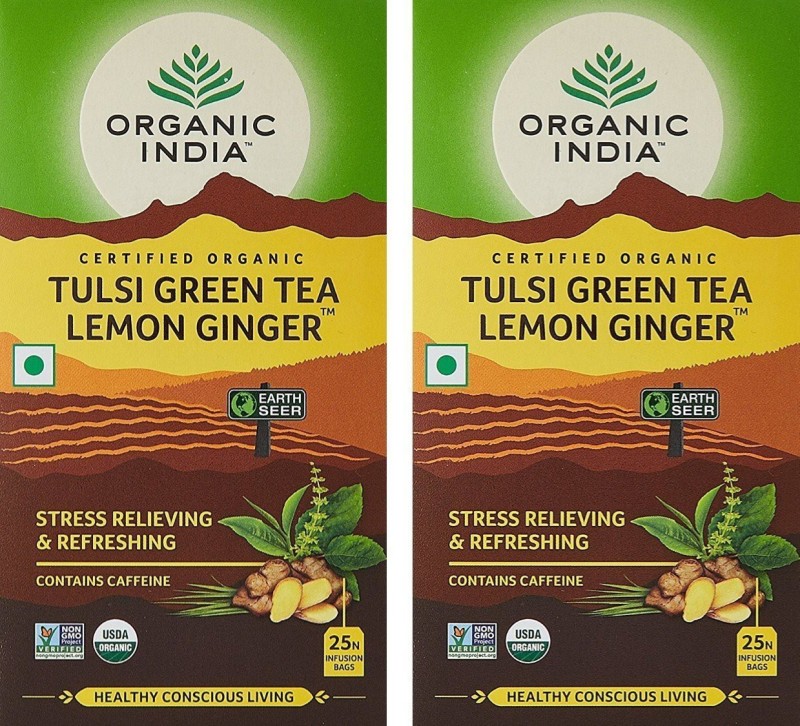 ORGANIC INDIA Tulsi Green Tea Lemon Ginger 25 Tea Bags- (Pack Of 2) Lemon, Ginger Green Tea Box