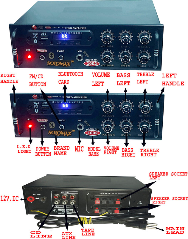 solomax New Series 1002 IRON FIST 4440 DOUBLE IC Bluetooth Transistor with Double MIC Better Sound Quality USB Selector and DVD Selector with FM/USB/ AUX/MP3 /SD-MMC/ BT / MIC 260 W AV Power Amplifier(Black)