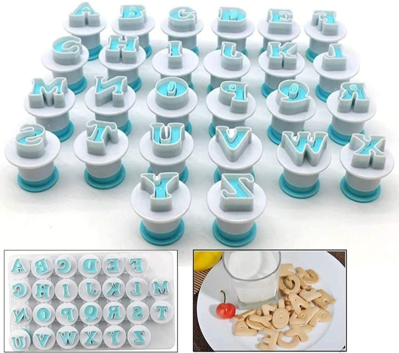 Bakedude Alphabet Uppercase Plunger Fondant Letter Cutters, Plastic 26 Pieces Cake Mold Decorating Tools, Embosser Cutter Cookie Stamp Impress for DIY Sugar Cookies Chocolate Plunger Cookie Cutter(Pack of 25)
