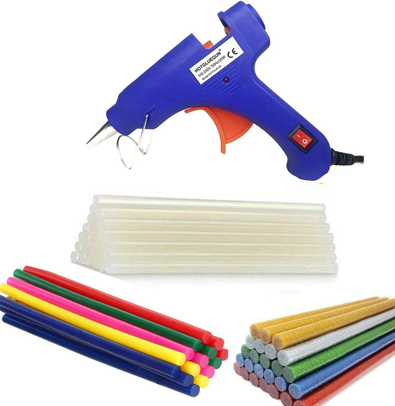 HOTGLUEGUN 20W 20 WATT 7MM hot melt Glue Gun with ON Off Switch and LED Indicator 5 Transparent + 5 Colored + 5 Glitter Sticks Standard Temperature Corded Glue Gun(7 mm)