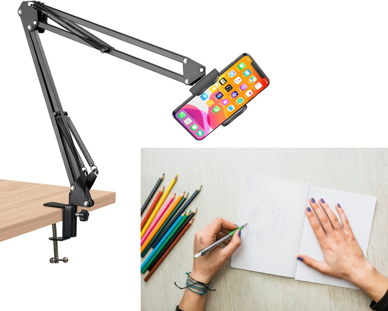 subton Overhead Tripod Camera Stand 360 Degree Mobile Holder Cell Phone Stand | Compatible With All Smartphones For Creating Cooking Webcam Sketch Product Review Education and Side Angle Videos Tripod, Monopod, Tripod Clamp, Tripod Bracket, Tripod Ball Head(Black, Supports Up to 1200 g)