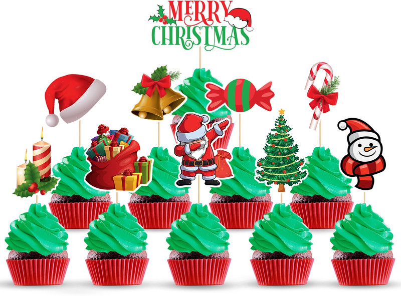 ZYOZI 10 Pieces Christmas Cupcake Toppers Picks Merry Christmas Toothpick Flags for Christmas Cake Decorations Christmas Party Holiday Supplies Cupcake Topper(GREEN, RED Pack of 10)