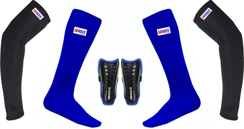 DENOVO Ultimate Protection (One Pair Large Shin Guard + One Pair Lycra Plain Knee Length Football Socks + One Pair UV Protection Arm Sleeves) Football Kit