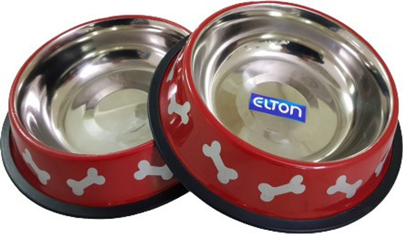 ELTON set of 2 stainless steel bowls in Red color with silver bone Round Stainless Steel Pet Bowl(850 ml Red)