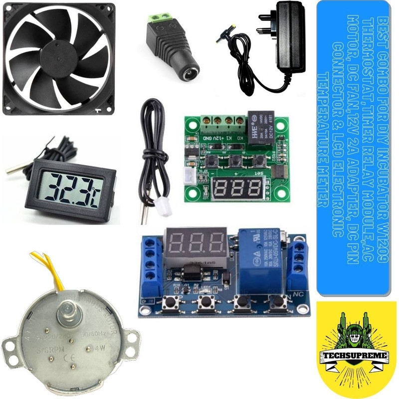 TechSupreme Best Combo for DIY Incubator XH-W3001 AC 220V 1500W DIGITAL MICROCOMPUTER THERMOSTAT ,Timer Relay Module,AC Motor, DC Fan,12V 2A Adapter, DC Pin Connector & LCD Electronic Temperature Meter Electronic Components Electronic Hobby Kit