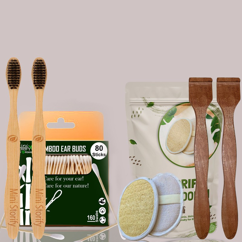 Mini Storify 1Bamboo Cotton ear buds/swabs|80 Stems|2 Adult bamboo tooth brush 2Pure Neem Wood Tongue(7 Items in the set)
