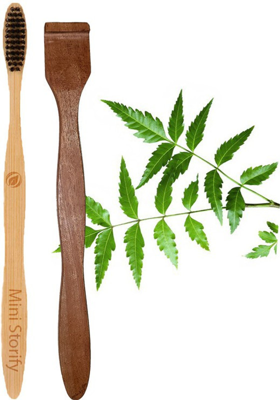 Mini Storify 2.Bamboo toothbrush stand|1. Adult bamboo tooth brush - Charcoal Soft Bristles, Natural, Oral Cleaning, Eco-Friendly|1.Pure Neem Wood Tongue Cleaner/Tongue Scraper For Adults & Kids(5 Items in the set)