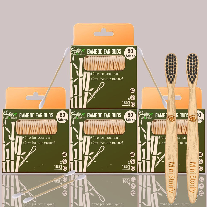 Mini Storify 4Bamboo Cotton ear buds/swabs|80 wood Stems / 160 Swabs|2 Kids bamboo tooth brush - Charcoal Soft Bristles, Natural,(6 Items in the set)