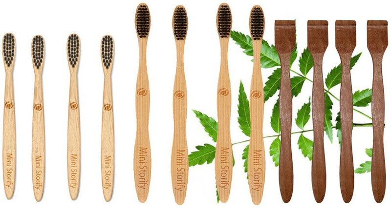 Mini Storify 2 Kids bamboo tooth brush - Charcoal Soft Bristles, Natural| 2Pure Neem Wood Tongue Cleaner/Tongue Scraper For Adults And Kids(4 Items in the set)