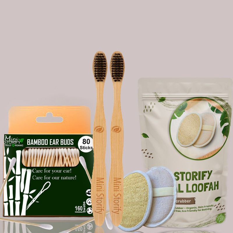 Mini Storify 2Bamboo Cotton ear buds/swabs|80 Stems|2 Kids bamboo tooth brush - |2bamboo tongue cleaner|2 Oval Loofah/Loufah Pads, Sponge Body scrubber(8 Items in the set)