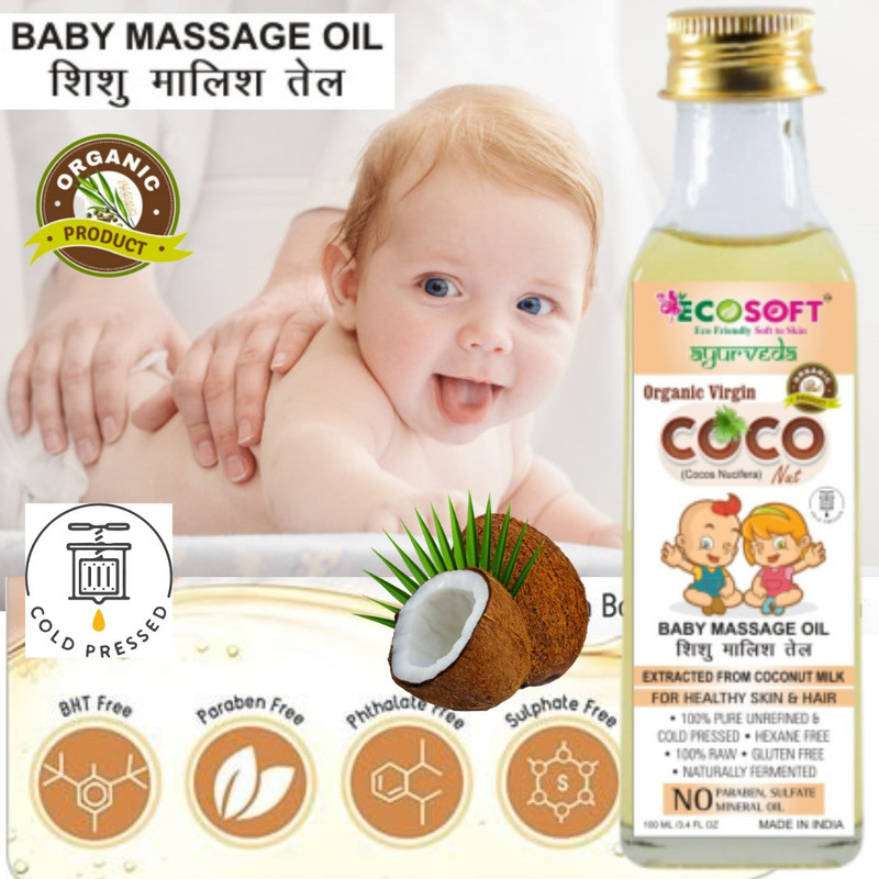 ECOSOFT BABY MASSAGE 15-20 minutes of regular massage will help your baby sleep better. NEW PREMIUM ! 100% Pure & Organic Cold ! Pressed VIRGIN COCONUT BABY MASSAGE OIL 100 ML in Glass Bottle. ( PACK OF 1 )(100 ml)