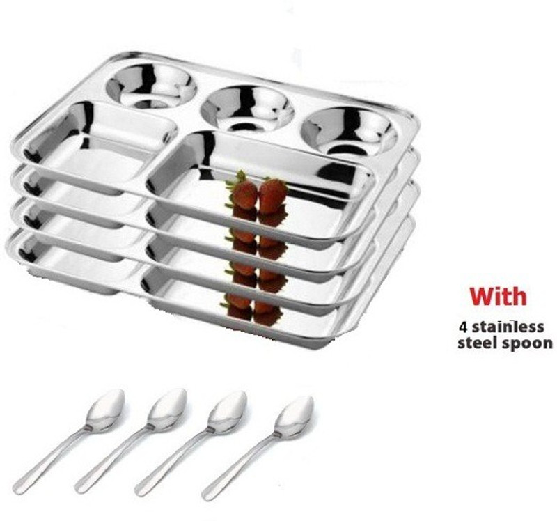 Goldmine Stainless Steel N.P.11 22G Thali, 24 cm, Silver, Set of 4 Tray(Pack of 4, Microwave Safe)
