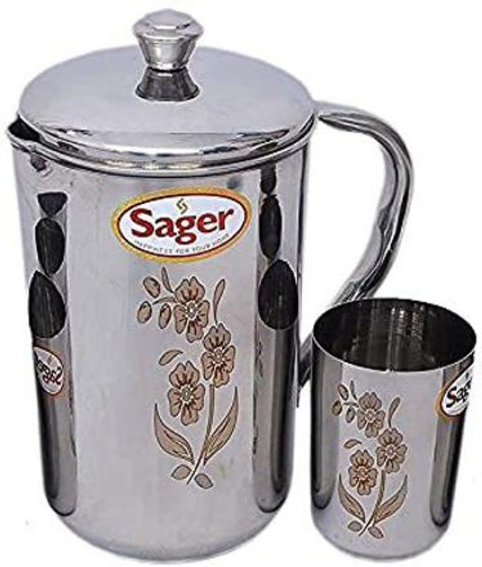 Sager Platinum Collection Stainless Steel drinkware Set Combo of 1 Jug / Pitcher for Water Storage (2 LTR.) and 1 Pc. Glass , Mirror Finish with Permanent Beautiful Laser Design Jug Glass Set(Stainless Steel)