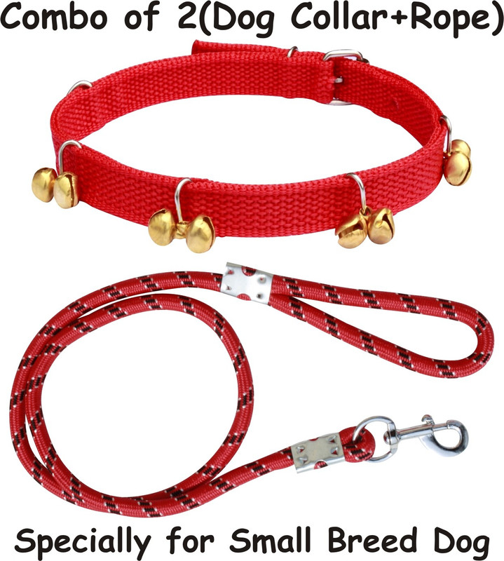 PEDIGONE Dog Belt (Combo of 2) Red Ghungroo Dog Collar + Red Lead Specially for Small Breeds Dog Collar & Leash(Small, RRS)