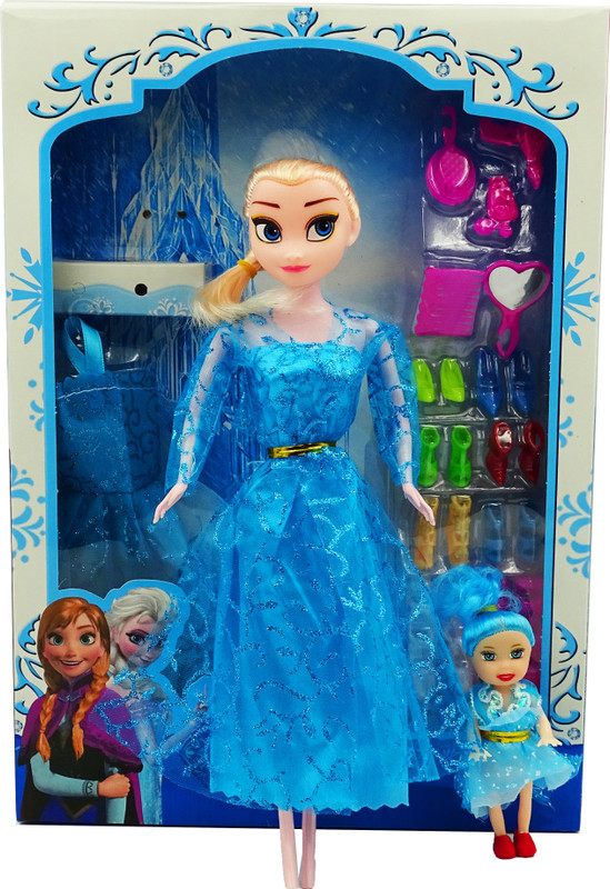 poksi Frozen Elsa Doll with mini doll, Dress, 8 pair of shoes and few makeup accessories.(Blue)